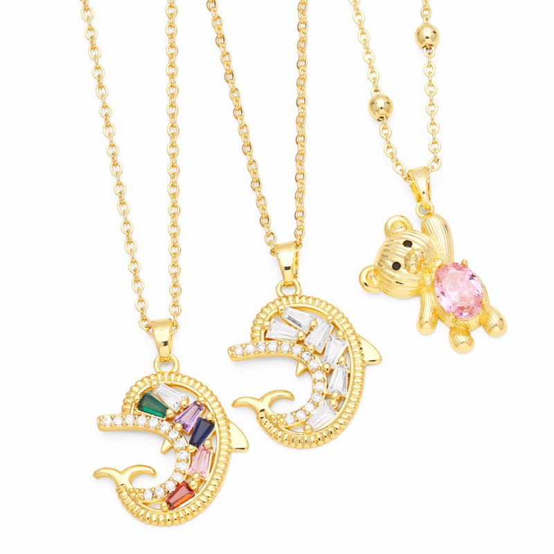 Wholesale Cute Little Dolphin Bear Colorful Zircon Necklace