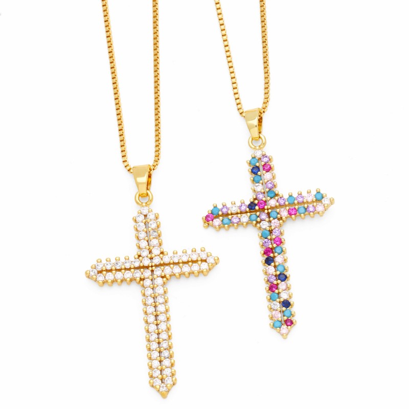 Wholesale Retro Hip Hop Cross Set Colorful Zircon Pendant Necklace