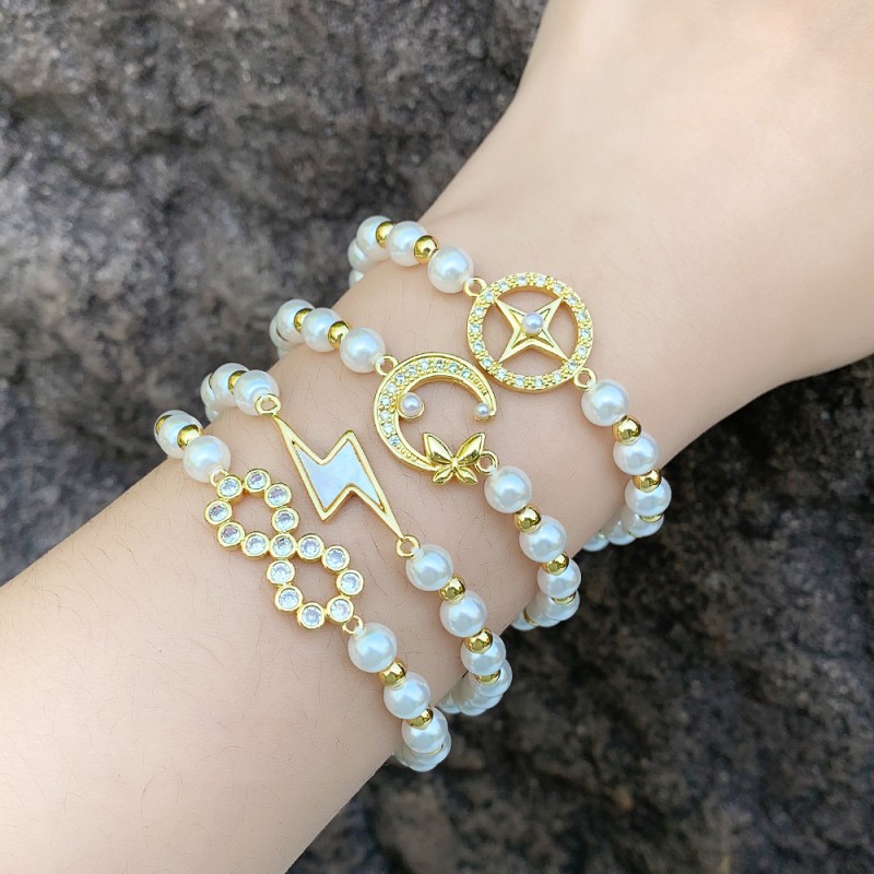 Wholesale Moon Butterfly Imitation Pearl Beaded Bracelet