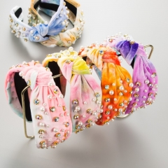 Tela De Color Caramelo Teñido Anudado De Terciopelo Al Por Mayor, Diadema De Perlas Anudada De Diamantes De Lado Ancho