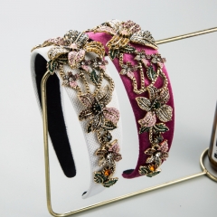 Wholesale Baroque Wide Brimmed Fabric Alloy Diamond Set Flower Vintage Headband