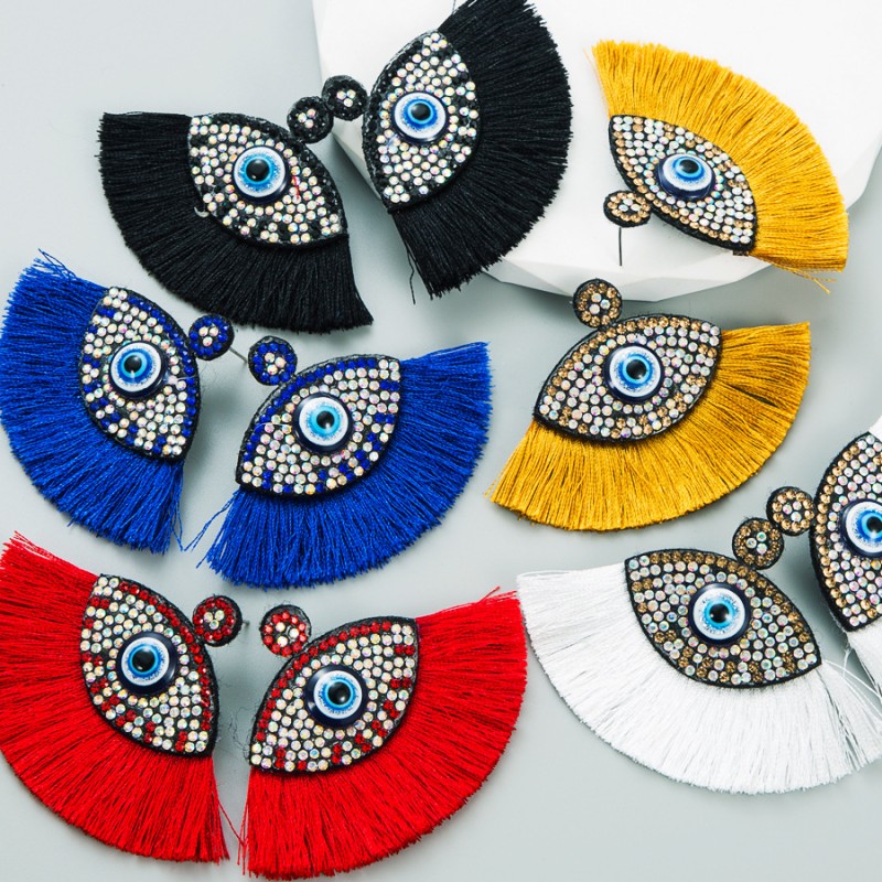 Wholesale Fabric Studded Eyes Fan Tassel Earrings