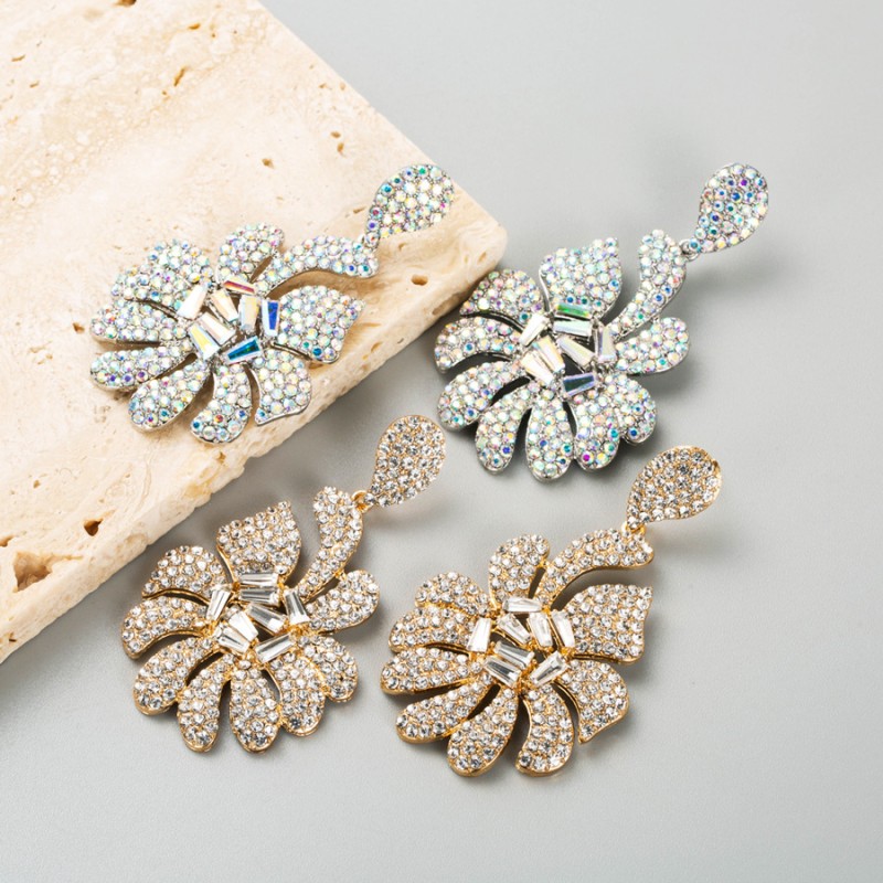 Wholesale Alloy Luxury Temperament Inlaid Rhinestone Full Diamond Stereo Flower Earrings