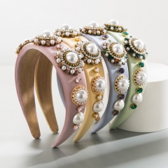 Diadema De Lujo Ligero De Tela De Color Sólido Al Por Mayor Con Incrustaciones De Perlas Y Diamantes De Imitación