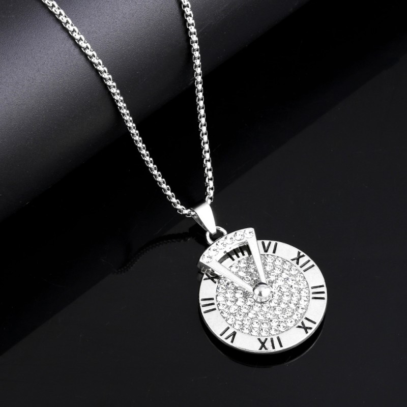 Wholesale Hip Hop Clock Rotating Pendant Long Necklace