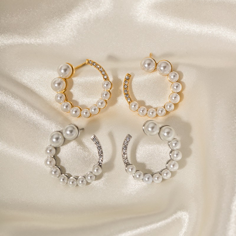 Wholesale 18K Gold Stainless Steel Full Diamond Full Pearl C Shaped Horn Ring Earrings