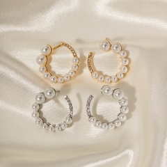 Pendientes De Anillo De Cuerno En Forma De C De Oro De 18 Quilates De Acero Inoxidable Con Diamantes Llenos De Perlas