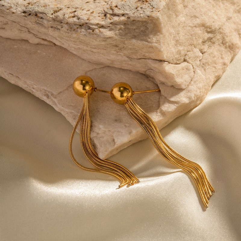 Wholesale 18K Gold Stainless Steel Beads Long Tassel Earrings