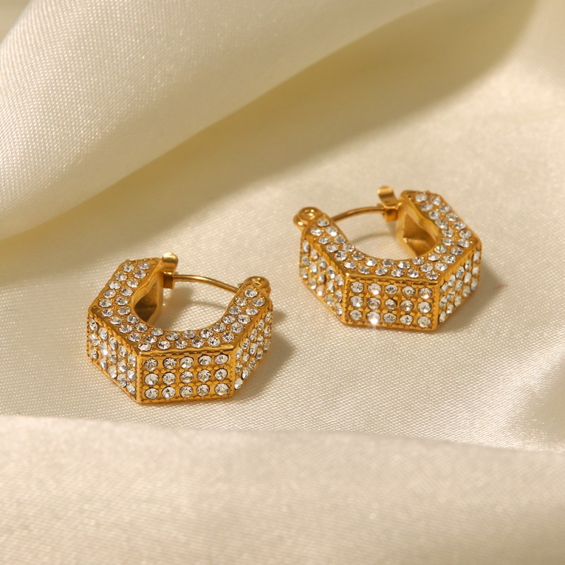 Wholesale 18K Gold Geometric Inlay White Diamond Earrings