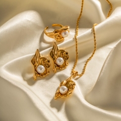 Wholesale 18k Gold Plated Stainless Steel Pleated Lava Pearl Flower Jewelry Set
