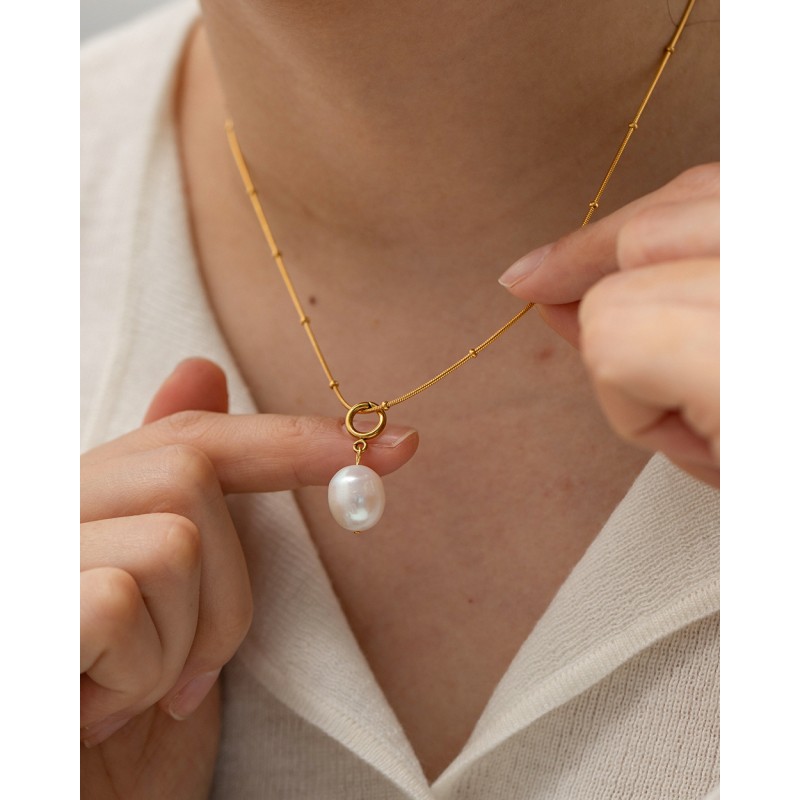 Wholesale Stainless Steel Non-fading Simple Chain Natural Pearl Pendant Necklace