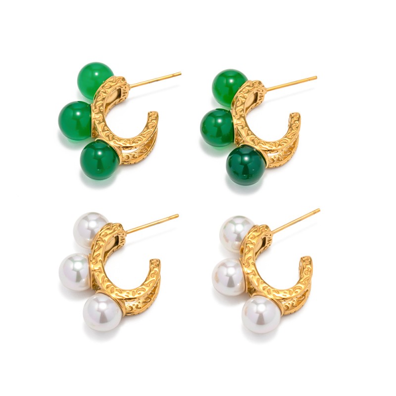 Wholesale Stainless Steel Hammer 18 Gold Inlaid Green Agate Pearl Earrings