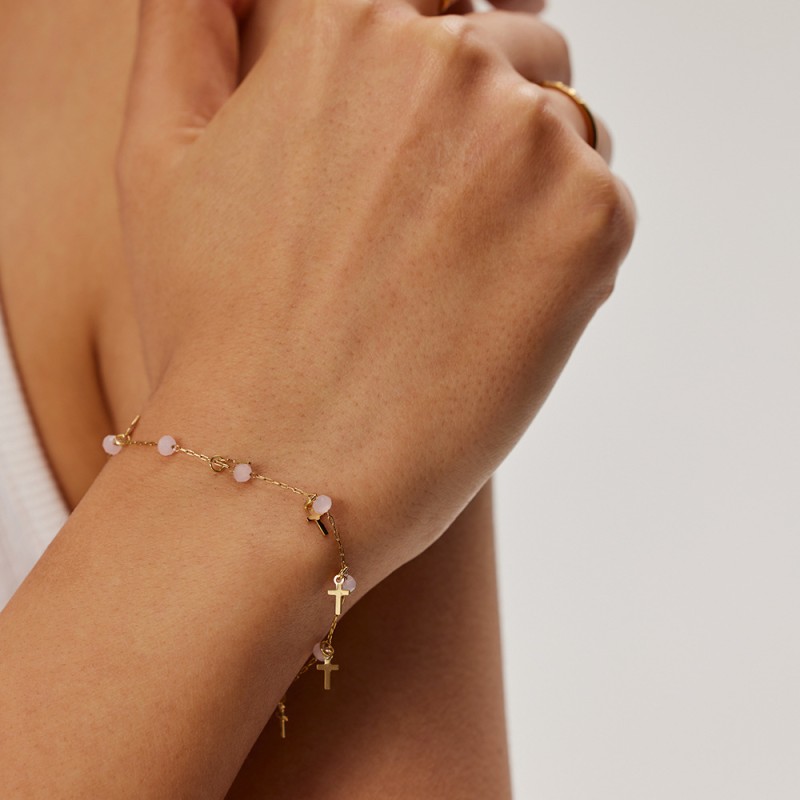 Wholesale 18K Gold Stainless Steel Pink Natural Stone Beaded Cross Tassel Bracelet