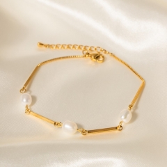 Wholesale 18K Gold Plated Freshwater Pearl Stainless Steel Bracelet