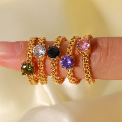 Anillo Ajustable Trenzado De Espiga De Trigo Con Incrustaciones De Circón Redondo De Acero Inoxidable De Oro De 18 Quilates Al Por Mayor
