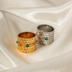 Anillo De Cara Ancha Con Patrón De Panal De Malaquita Verde Con Incrustaciones De Acero Inoxidable De Oro 18k Al Por Mayor