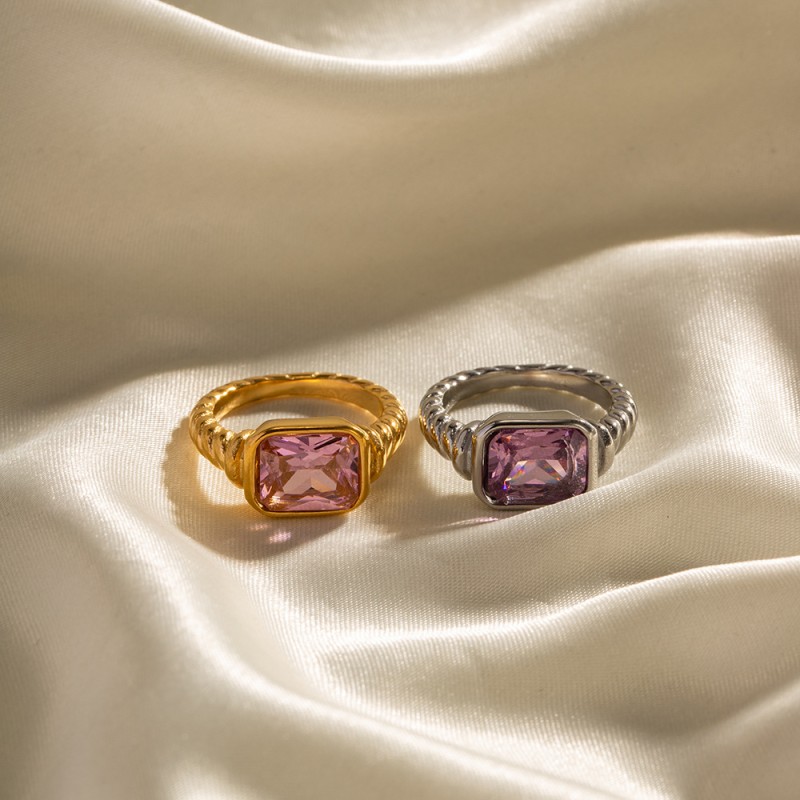 Wholesale 18K Gold Pink Zircon Rectangular Stainless Steel Ring