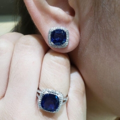 Anillo De Pendientes De Collar De Circonita Azul Real Cuadrado Al Por Mayor