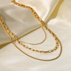 Wholesale 18K Gold Plated Paper Clip Stainless Steel Three Layer Necklace