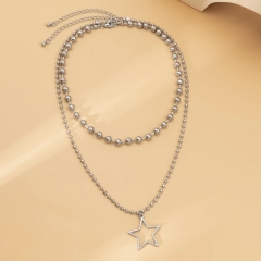 Wholesale Metal Beaded Stacked Star Hollow Necklace