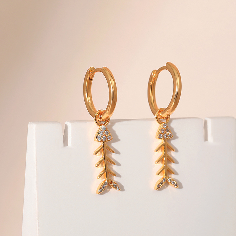 Wholesale Fish Bone Plated 18K Real Gold Earrings