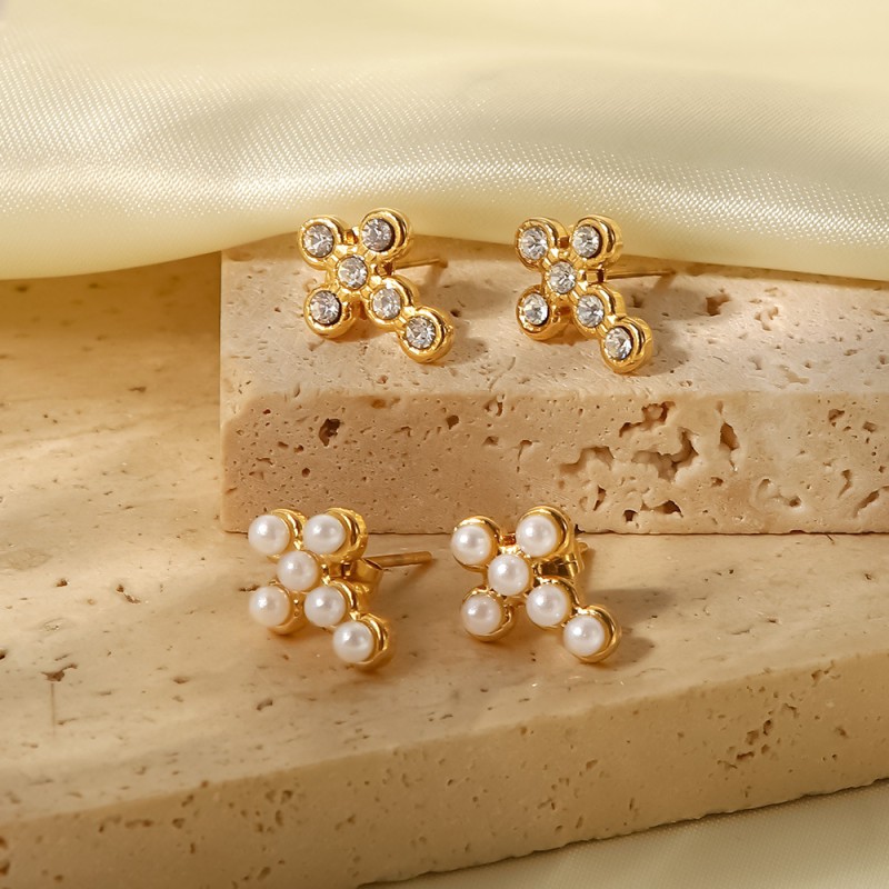 Wholesale Stainless Steel Diamond Pearl Cross Earrings