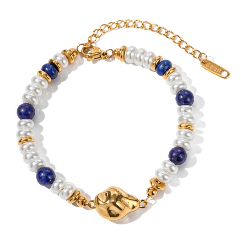 Wholesale 18k Stainless Steel Inlaid Lapis Lazulio Pearl Water Drop Bracelet