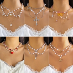 Wholesale Beaded Love Imitation Pearl Cross Necklace