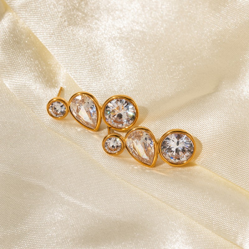 18K Gold Plated Zircon Earrings Geometric Stainless Steel Stitching Earrings Women's Wholesale
