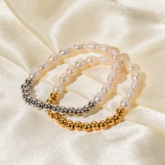 Stainless Steel Freshwater Pearl Round Beaded Women's 16K Gold Bracelet Supplier
