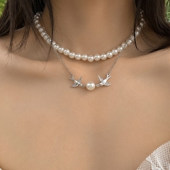 Simple Beaded Double Clavicle Necklace Pearl Bird Necklace Wholesale
