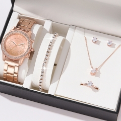 Cinturón De Acero Geneva Falso Collar De Mujer De Tres Ojos Pulsera Anillo Reloj De Cuarzo Conjunto Mayorista