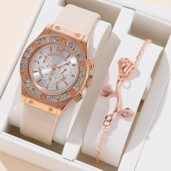 Diamond-encrusted Fashion Pu Strap Watch Bracelet Two-piece Wholesaler