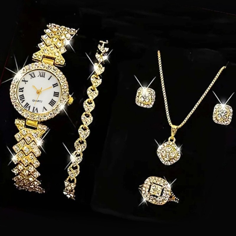 Conjunto De Pulsera De Reloj De Cuarzo Para Mujer Con Incrustaciones De Diamantes De Patrón Romano Mayorista