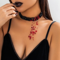 Gothic Style Beaded Collar Red Blood Drop Neck Chain Fake Blood Imitation Crystal Tassel Halloween Jewelry Wholesalers