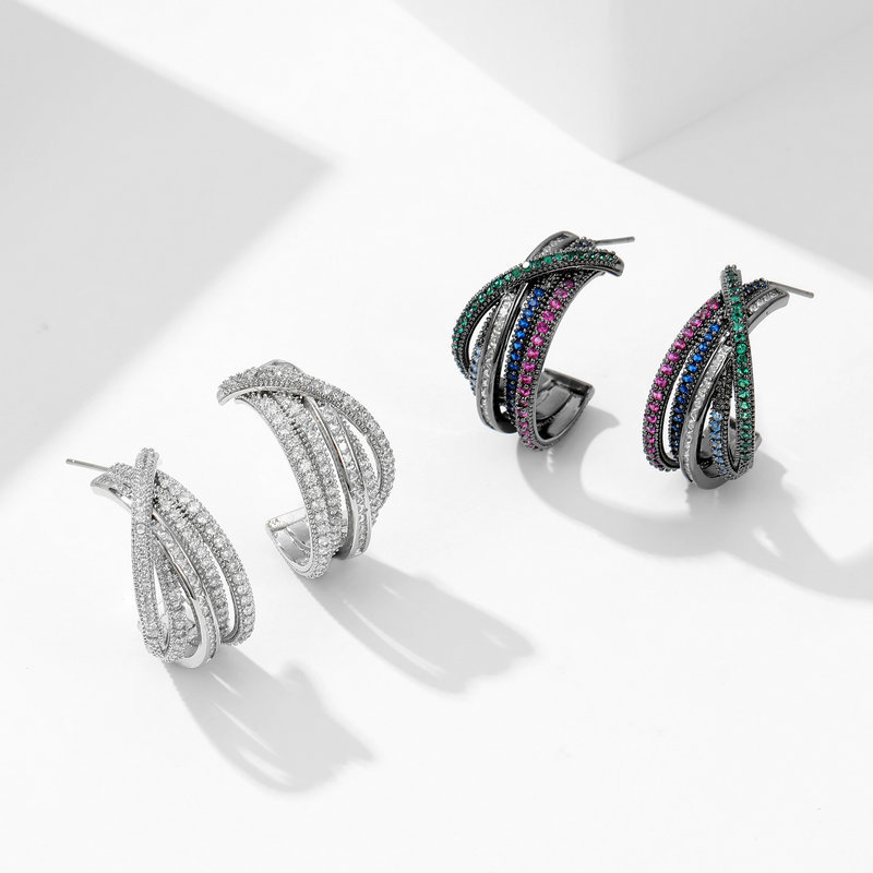 S925 Silver Needle Earrings Color Zircon Earrings Geometric Lines Cross C Ring Earrings Wholesalers