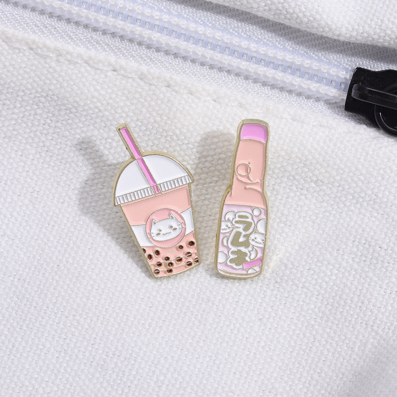 Cute Bubble Tea Brooch Pink Drink Cat Straw Girl Style Silk Towel Buckle Metal Badge Wholesaler