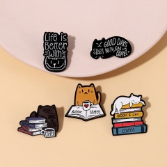 Cute Books Cartoon Love Reading Cat Cartoon Small Animal All-match Clothing Backpack Metal Badge Wholesaler