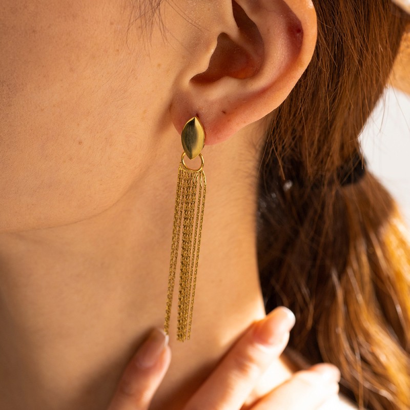 16K Gold Titanium Steel Oval Long Tassel Earrings Ear Studs Wholesalers
