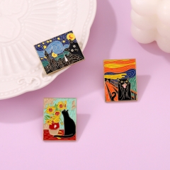 Creative Oil Painting Series Alloy Brooch Cute Black Cat Starry Sky Clothes Bag Decoration Badge Wholesaler