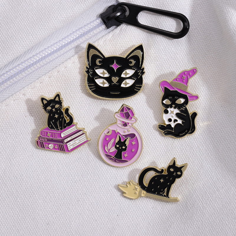 Magic Cat Metal Badge Alloy Halloween Brooch Purple Hat Potion Witch Black Cat Animal Cute Wholesaler