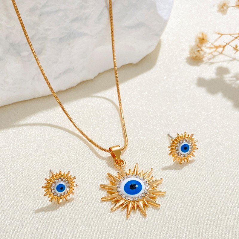 Juego De Joyas De Sol Mujer Ojos Azules Collar De Diamantes Pendientes Juego De Ojos De Diablo Mayorista