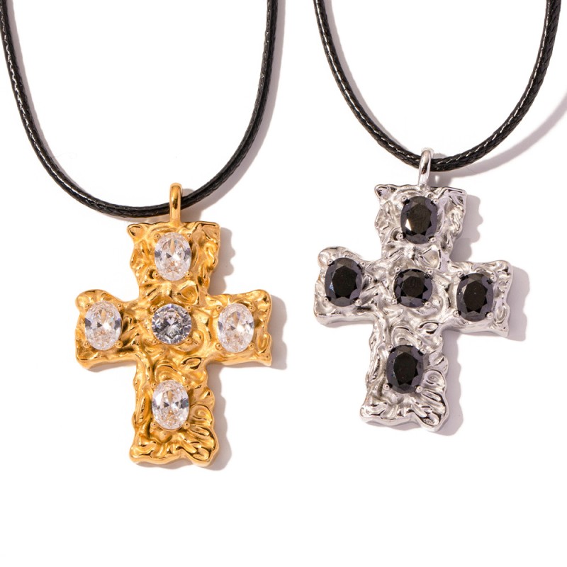 18K Stainless Steel Wax String Hammer Cross Inlaid Zircon Necklace Non-fading Jewelry Wholesaler