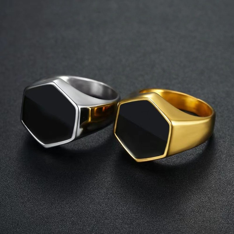 Bright Black Drip Ring Hexagonal Men's Ring Manufacturers Wholesale