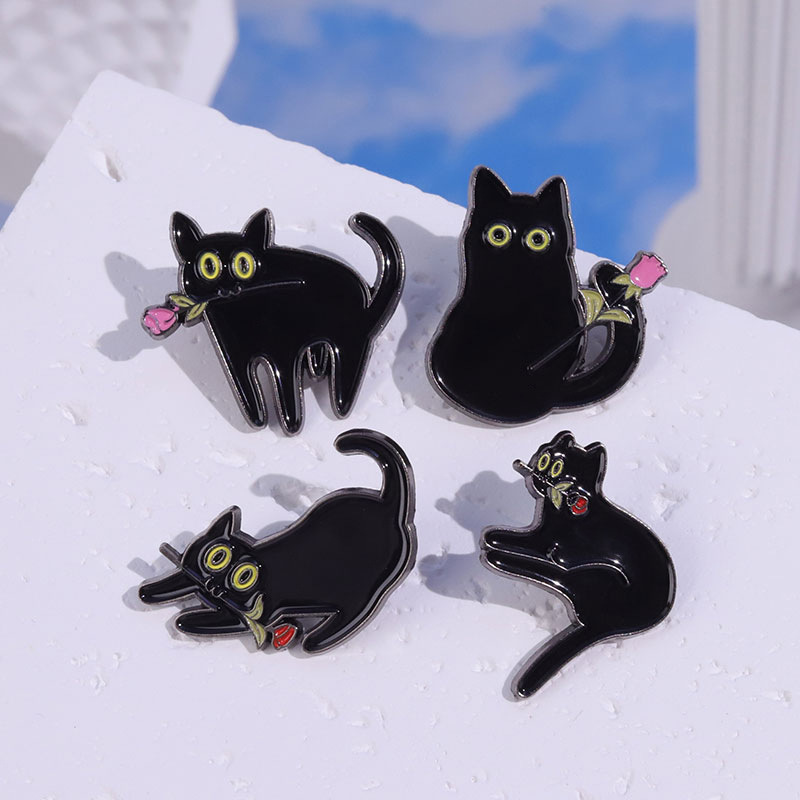Lindo Animal Gato Negro Pequeño Gato Negro Broche De Metal Accesorios De Aleación Flor Insignia Ramillete Mayorista