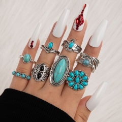 Vintage Old Turquoise Inlay Exaggerated Ring Set Flower Crown Leaves Eagle Joint Ring Eight-piece Wholesaler