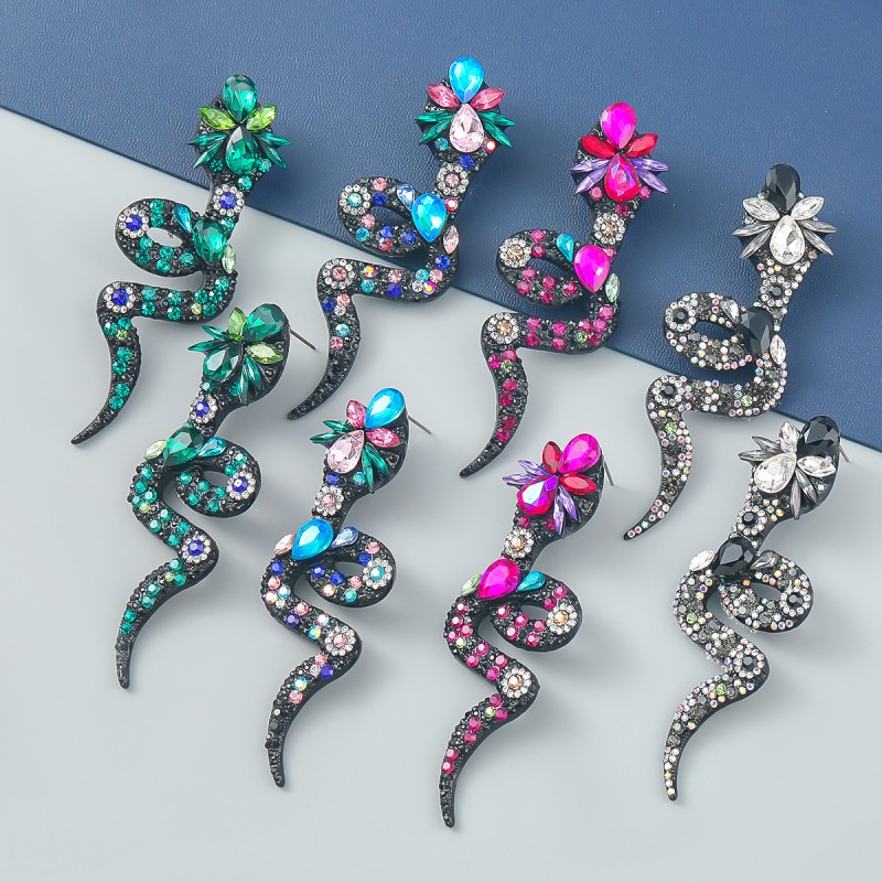 Bohemian Colored Diamond Snake-shaped Flower Earrings Wholesaler