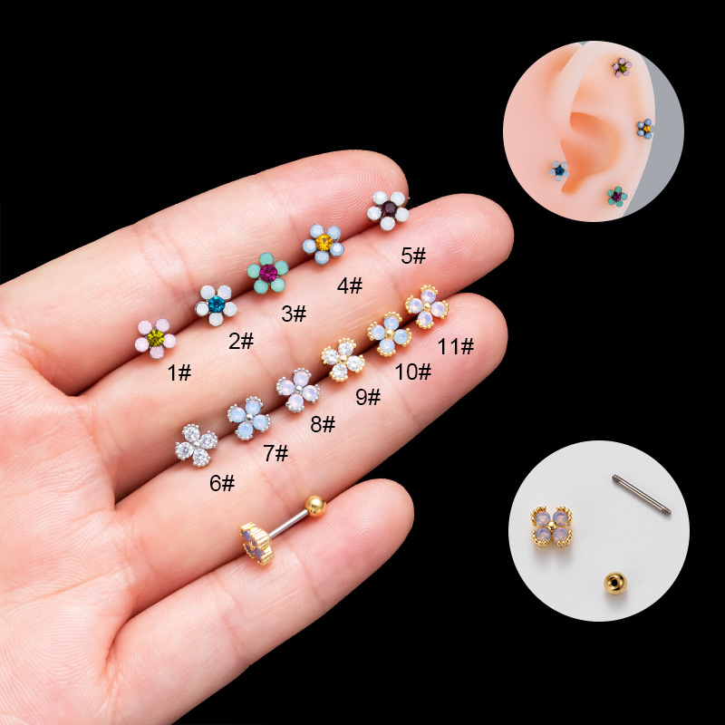 Thin Rod Stainless Steel Colorful Zircon Flower Ear Bone Nail Wholesaler