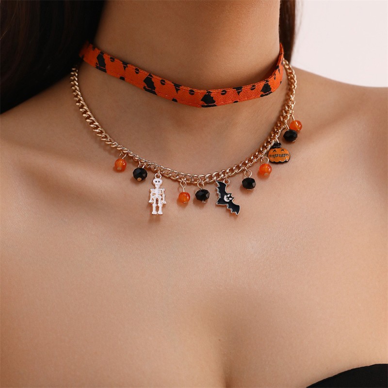 Halloween Esqueleto Calabaza Murciélago Colgante Collar De Cuero Mayorista