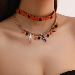Halloween Esqueleto Calabaza Murciélago Colgante Collar De Cuero Mayorista